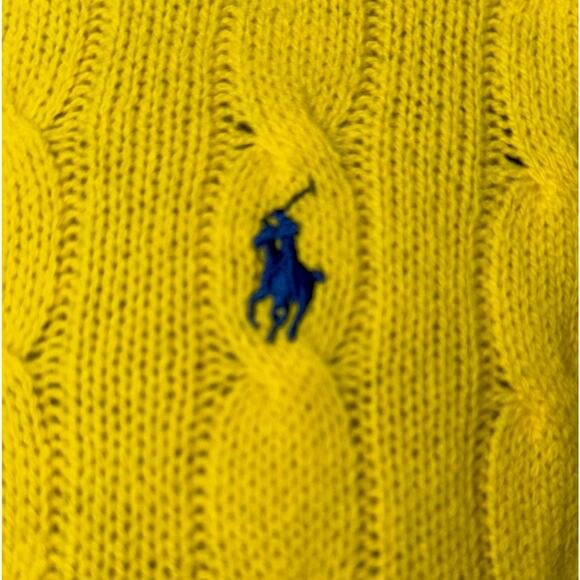 Ralph Lauren Sweater Womens Medium Bright Yellow Wool Cashmere Cable Knit Crew - Picture 4 of 7